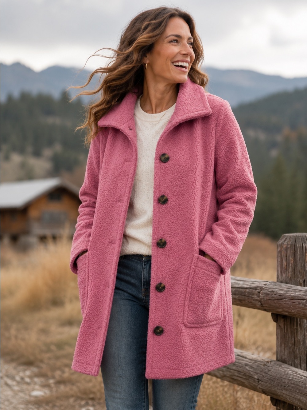 Lands’ End Pink Teddy Fleece Coat Jacket Womens L 14-16 Bouclé Button Front